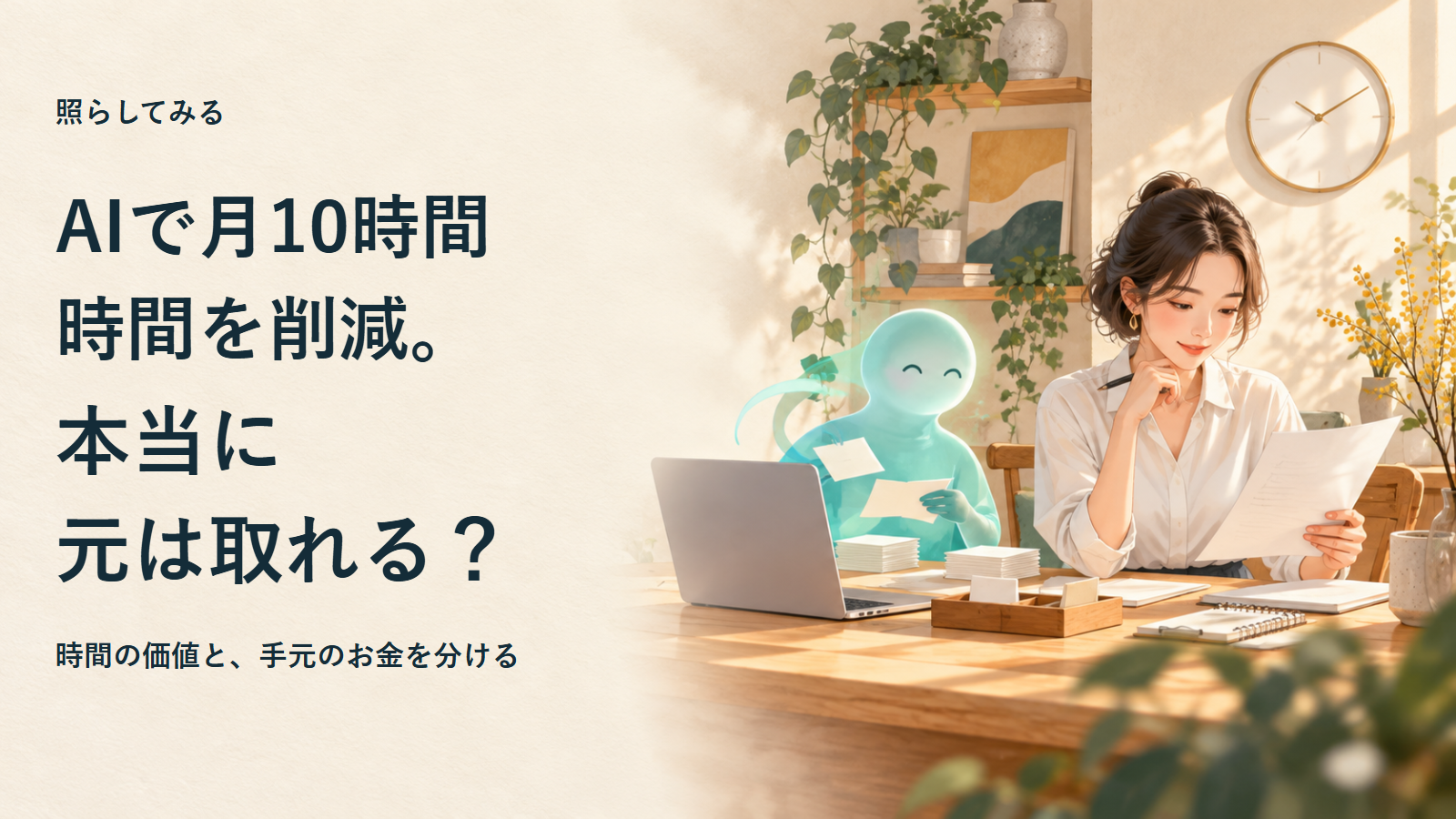 人が資料を確認しAIが整理を手伝う生成イメージ。AIで月10時間削減したとき、時間の価値と手元のお金を分けて考える。
