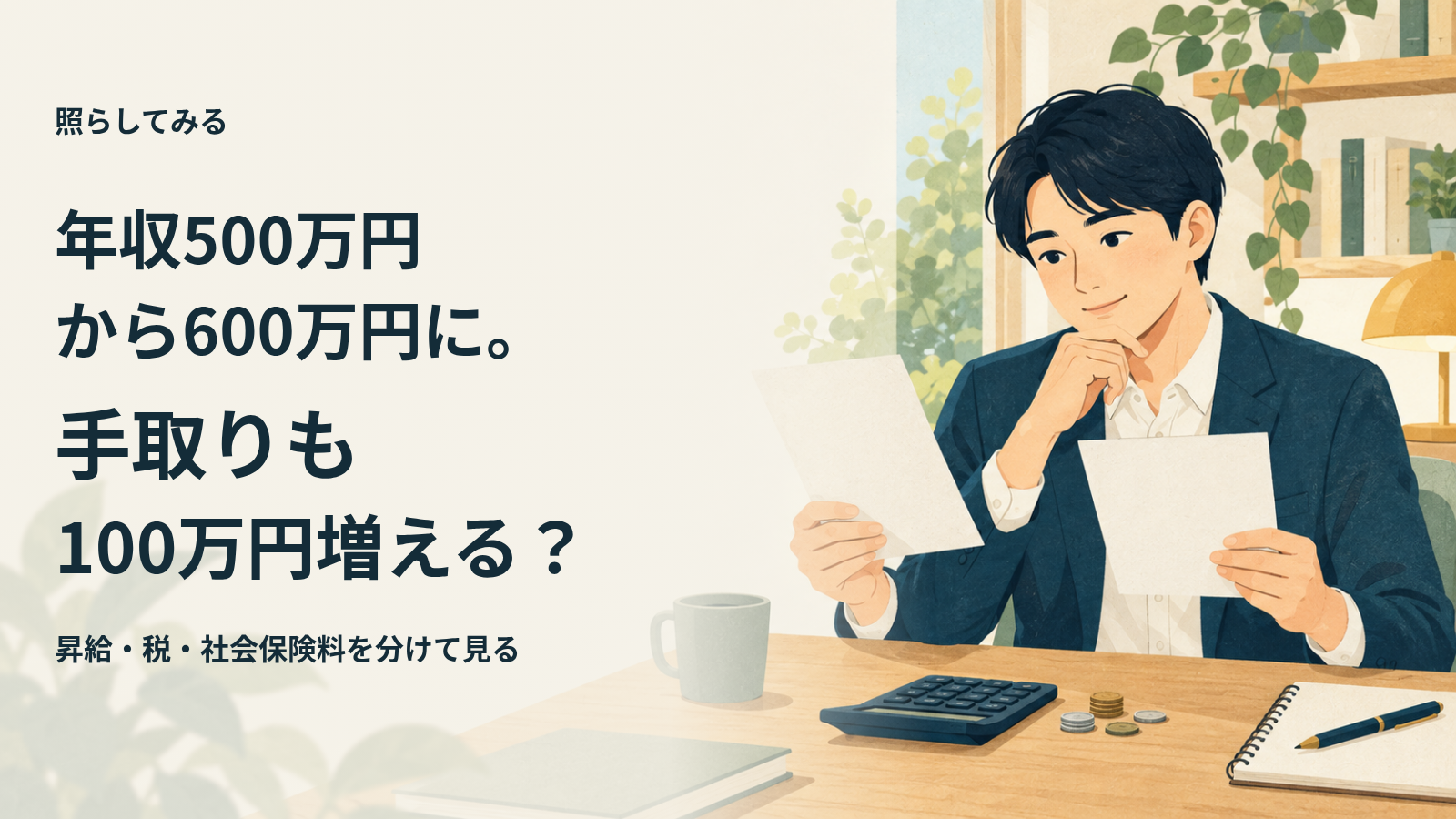 昇給の知らせと給与明細を確認する人物の生成イメージ。年収500万円から600万円に増えたとき、税と社会保険料を分けて手取りを考える。